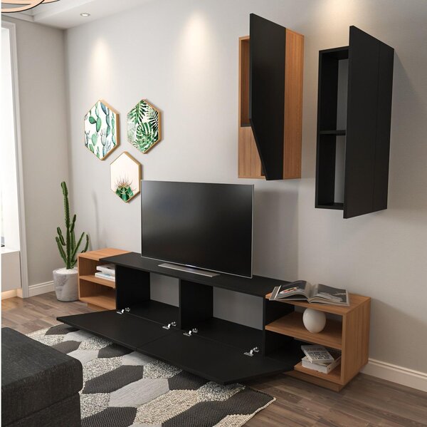 Obývací stěna Ziva 2 (černá + teak). Akce -26%