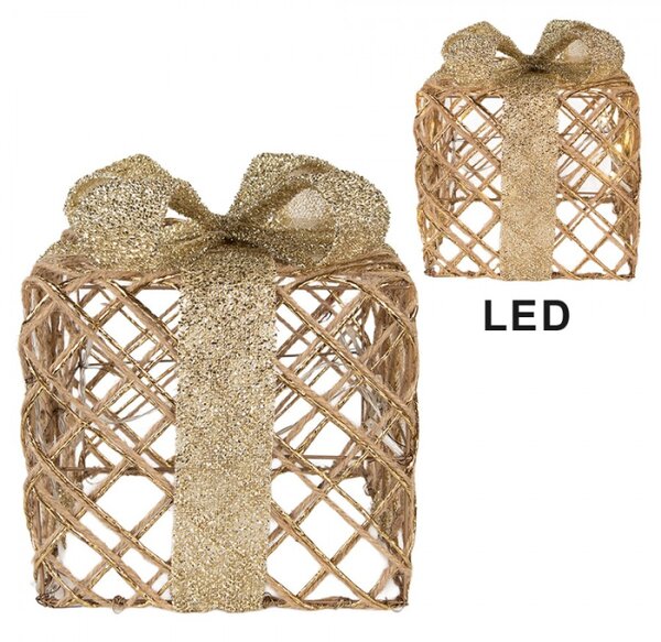Sada 3 zlatých kovových vánočních dekorací dárek s LED světlem – 25 / 20 / 15 cm_1