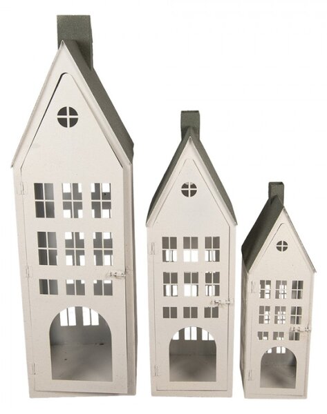 Sada 3 bílých kovových dekorativních domečků – 38x38x142 / 26x26x105 / 18x18x63 cm