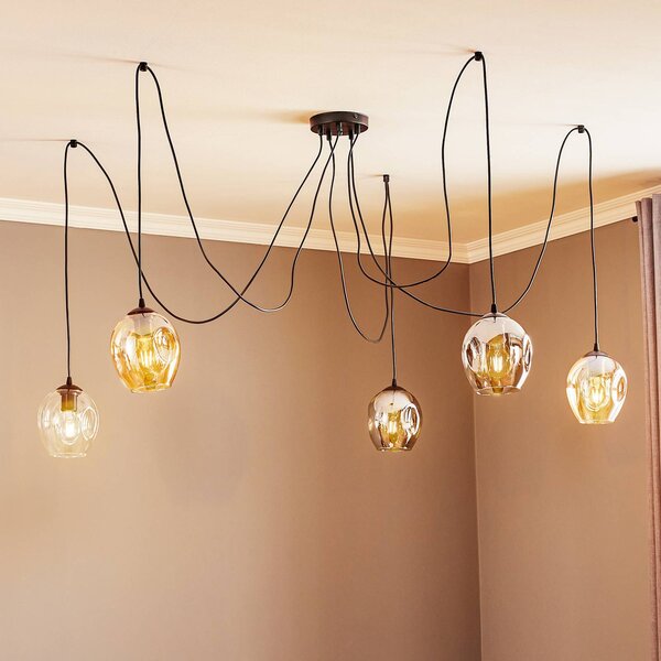 EMIBIG LIGHTING Závěsné světlo Starla, sklo grafit/jantar/čiré, 5-bodové, decentralizované, stmívatelný, Černá, Obývací pokoj / jídelna, Sklo, Moderní