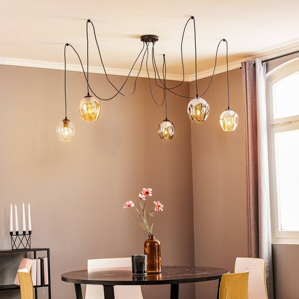 EMIBIG LIGHTING Závěsné světlo Starla, sklo grafit/jantar/čiré, 5-bodové, decentralizované, stmívatelný, Černá, Obývací pokoj / jídelna, Sklo, Moderní