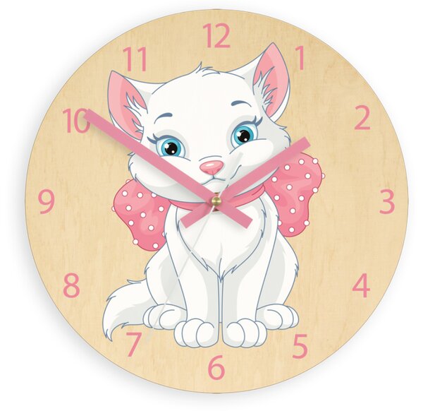 M.Clock Nástěnné dětské dřevěné hodiny kočička tiché 30cm bříza