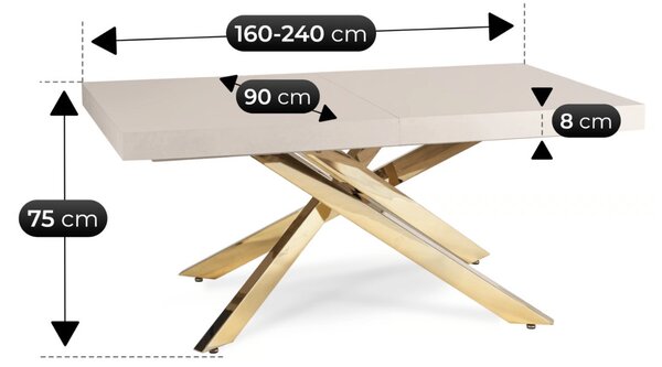 JAKS Rozkládací jídelní stůl Hampton kašmír 160–240 cm zlatá podnož