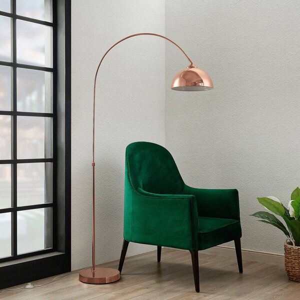 Lindby Oblouková lampa Lennart, měděná, výškově nastavitelná, E27, Měď, Obývací pokoj / jídelna, kov, Moderní