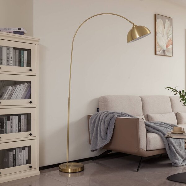 Lindby Oblouková lampa Lennart, mosaz, výškově nastavitelná, E27, Mosaz / zlato, Obývací pokoj / jídelna, kov, Moderní
