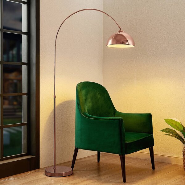 Lindby Oblouková lampa Lennart, měděná, výškově nastavitelná, E27, Měď, Obývací pokoj / jídelna, kov, Moderní