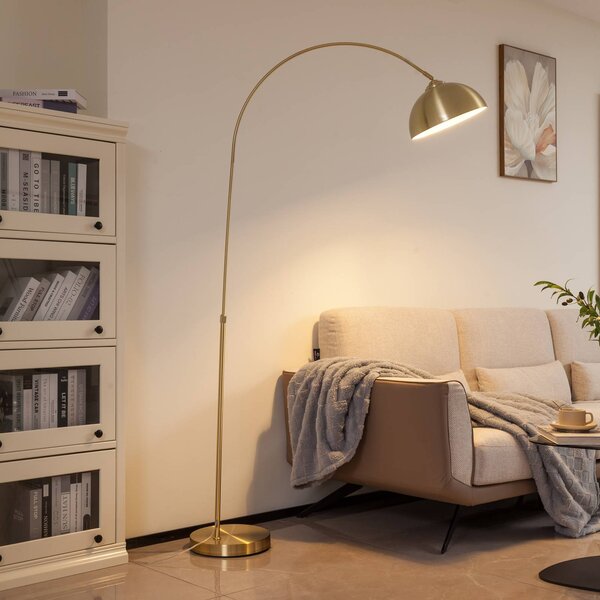 Lindby Oblouková lampa Lennart, mosaz, výškově nastavitelná, E27, Mosaz / zlato, Obývací pokoj / jídelna, kov, Moderní