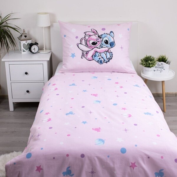 Růžové bavlněné dětské povlečení na jednolůžko 140x200 cm Lilo a Stitch "Universe" – Jerry Fabrics