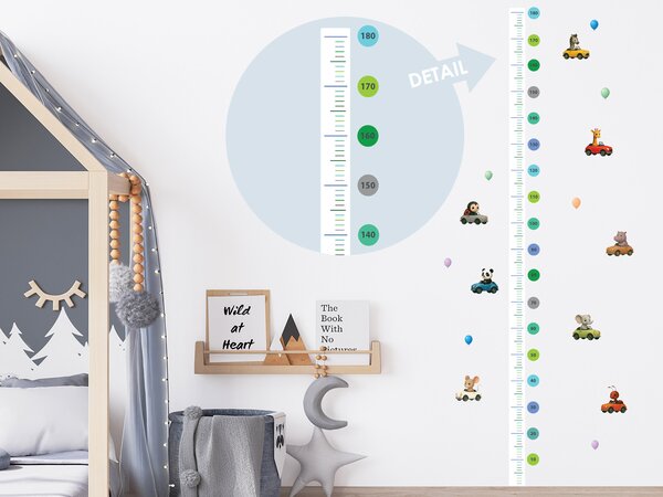 Metr s autíčky a zvířátky textilní přelepitelné samolepky na zeď výška 160 cm