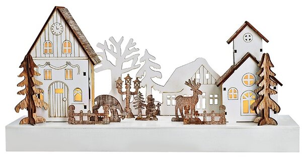 SOLIGHT LED vánoční vesnička, 34x17cm, dřevo, 4 LED, 2x AA