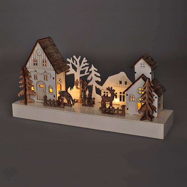 SOLIGHT LED vánoční vesnička, 34x17cm, dřevo, 4 LED, 2x AA