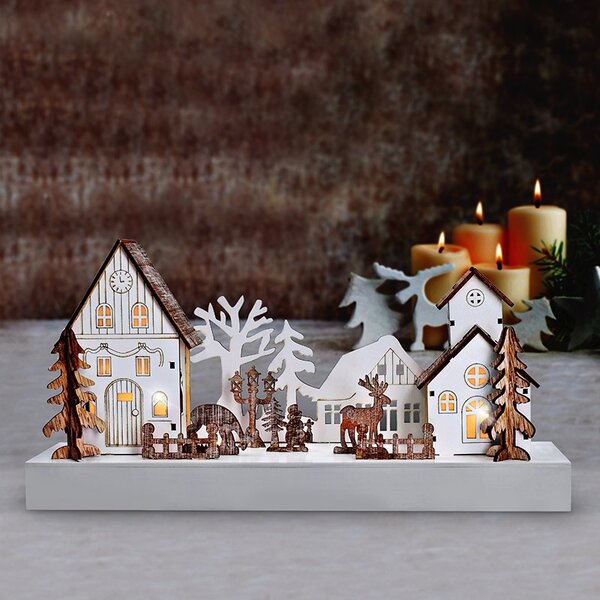 SOLIGHT LED vánoční vesnička, 34x17cm, dřevo, 4 LED, 2x AA