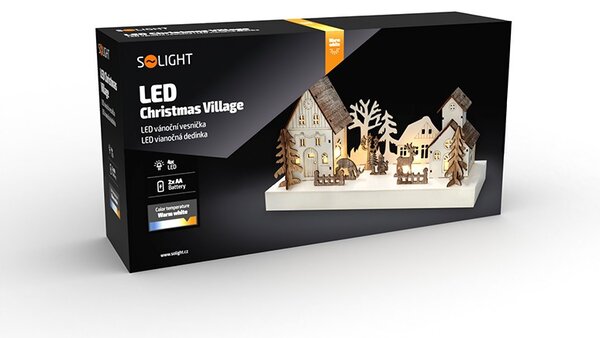 SOLIGHT LED vánoční vesnička, 34x17cm, dřevo, 4 LED, 2x AA