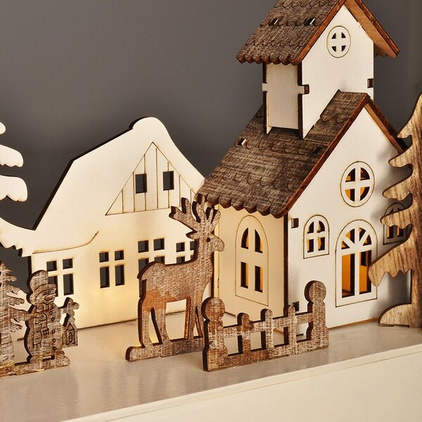 SOLIGHT LED vánoční vesnička, 34x17cm, dřevo, 4 LED, 2x AA