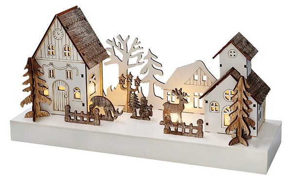 SOLIGHT LED vánoční vesnička, 34x17cm, dřevo, 4 LED, 2x AA