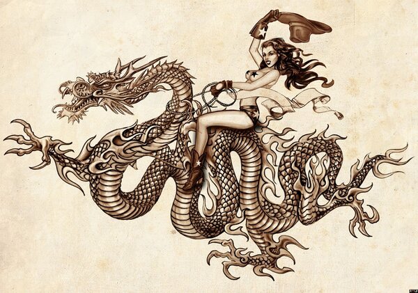 Fototapeta Woman on a fiery dragon vlies 152,5 x 104 cm