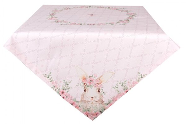 Růžový bavlněný ubrus se vzorem velikonočního zajíčka a květinového věnce Floral Easter Bunny – 100x100 cm