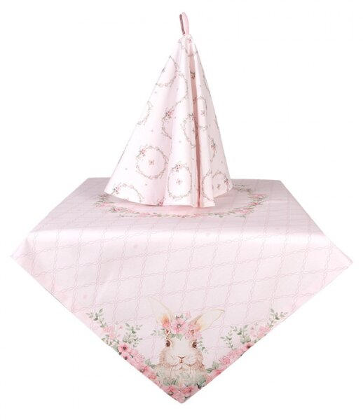 Růžový bavlněný ubrus se vzorem velikonočního zajíčka a květinového věnce Floral Easter Bunny – 100x100 cm