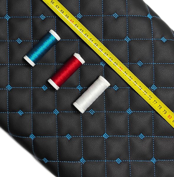 Ekokůže MIX 3x3 cm barva černá prošívaná tyrkysovými nitěmi, metráž, 145 cm