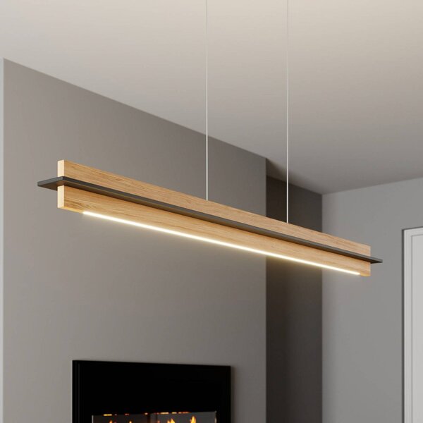 Quitani Závěsné svítidlo LED Lexa, dub/černá, délka 118 cm, stmívatelný, Světlé dřevo, Obývací pokoj / jídelna, Dřevo, Moderní