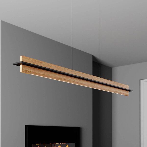 Quitani Závěsné svítidlo LED Lexa, dub/černá, délka 118 cm, stmívatelný, Světlé dřevo, Obývací pokoj / jídelna, Dřevo, Moderní