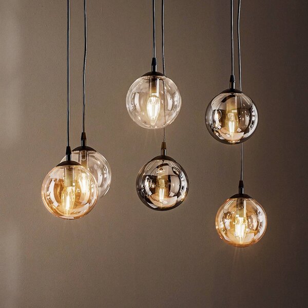 EMIBIG LIGHTING Závěsné světlo Glassy, 6-ramenné, grafit/jantar/čiré, sklo, 75 cm, stmívatelný, Černá, Obývací pokoj / jídelna, Sklo, Moderní