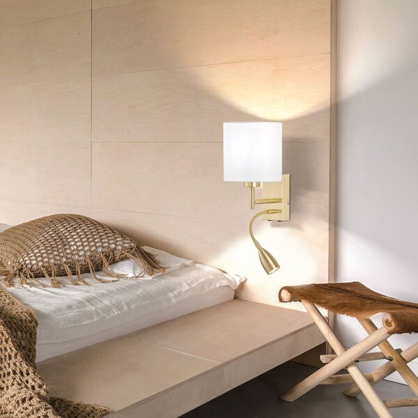 FISCHER & HONSEL Nástěnná lampa Dreamer LED čtecí rameno mosaz/chintz bílá, Mosaz / zlato, Ložnice, Textil / tkanina / hedvábí, Lampička na čtení