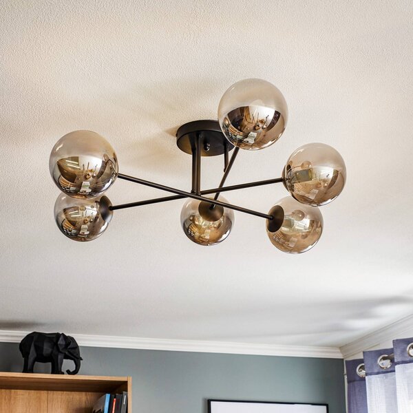 EMIBIG LIGHTING Skleněné stropní svítidlo, černá barva, grafit, sklo, 6 světel, E14, stmívatelný, Černá, Obývací pokoj / jídelna, Sklo, Moderní