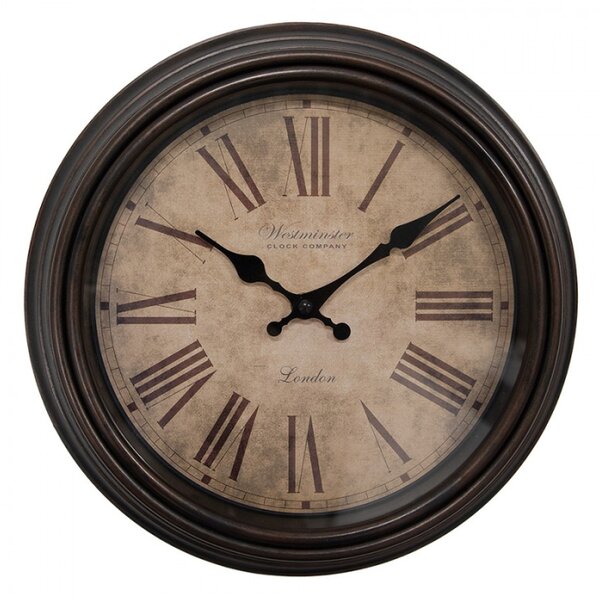 Hnědé nástěnné hodiny s patinou a nápisem Westminster Clock Company – 29x5 cm