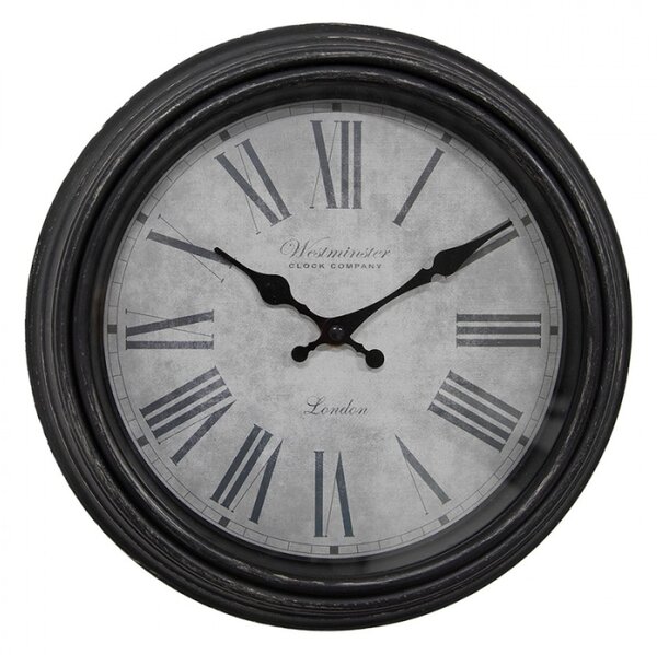 Hnědo-šedé nástěnné hodiny s patinou a nápisem Westminster Clock Company – 29x5 cm