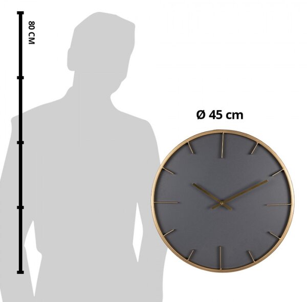 Šedé minimalistické nástěnné hodiny se zlatými ručičkami a rámem – 45 cm