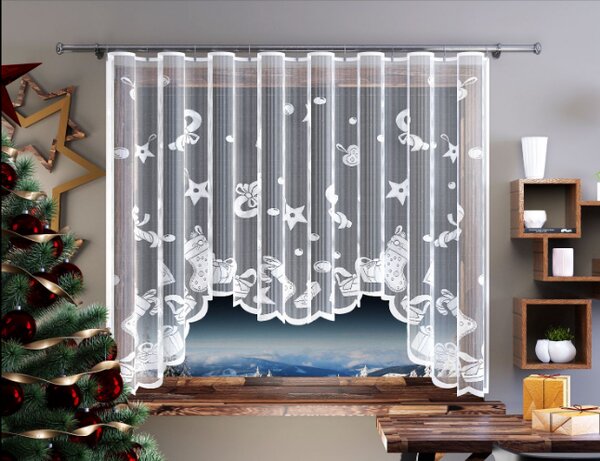 Hotová žakárová vánoční záclona dárky 300x150cm bílá