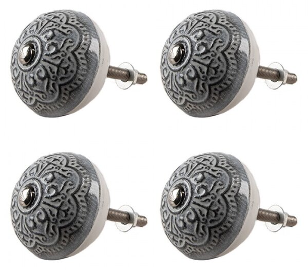 Sada 4 ks šedá keramická kulatá úchytka s orientálním ornamentem – 4 cm