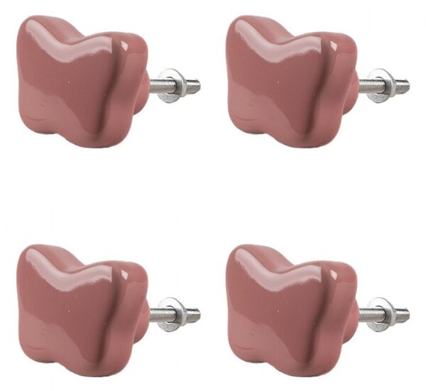 Sada 4 ks růžová keramická úchytka ve tvaru motýlka – 4x3 cm