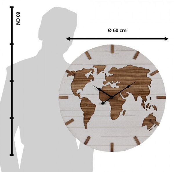 Bílo-hnědé nástěnné hodiny s mapou světa – 60 cm
