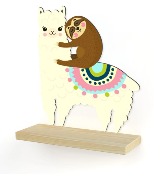 Nástěnná dřevěná polička lama s lenochodem 42cm x 32cm x 11,5cm přírodní dřevo