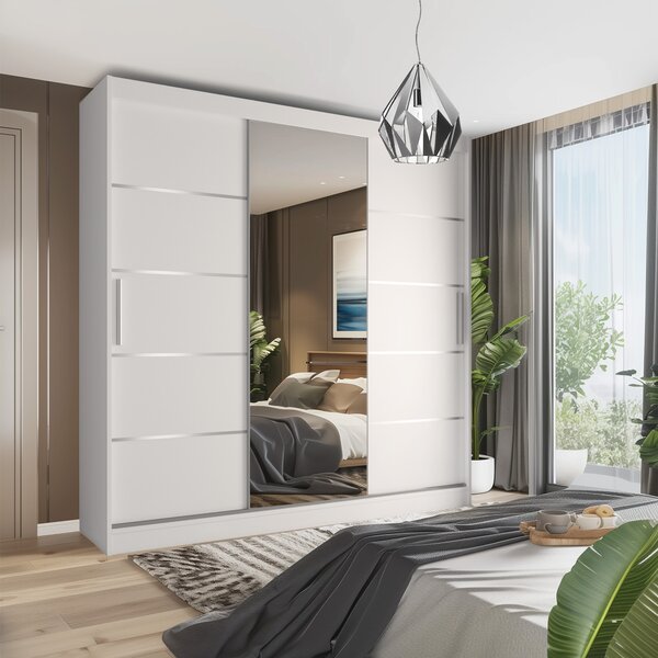 Šatní skříň 232 cm Belini bílý mat s posuvnými dveřmi zrcadlem a zásuvkami