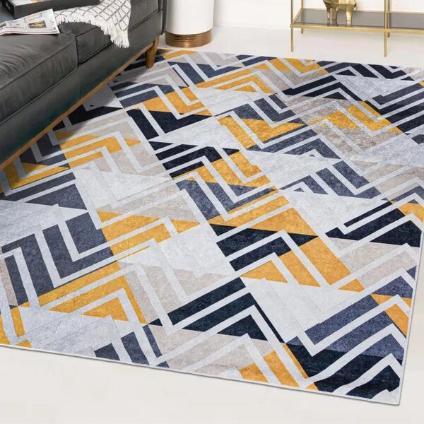 Makro Abra Kusový koberec pratelný TOSCANA 2391 Geometrický Moderní pogumovaný šedý žlutý krémový Rozměr: 80x150 cm