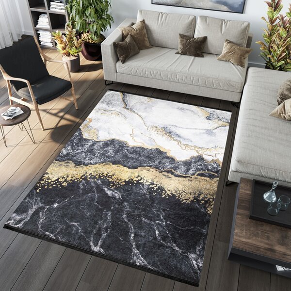 Makro Abra Kusový koberec pratelný TOSCANA 37010 Abstraktní pogumovaný černý krémový zlatý Rozměr: 80x150 cm