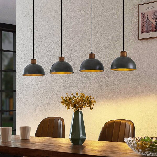 Lindby Závěsná lampa Durbis, 116 cm, 4 světla, šedá, dřevo, E27, stmívatelný, Světlé dřevo, Obývací pokoj / jídelna, Dřevo, Vintage