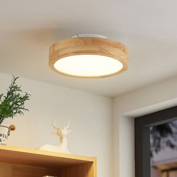 Lindby LED stropní svítidlo Lanira, Ø 30 cm, dřevo, dálkové ovládání,, stmívatelný, Světlé dřevo, Obývací pokoj / jídelna, Dřevo, Moderní