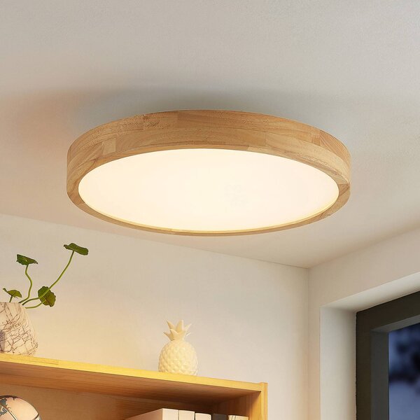 Lindby LED stropní svítidlo Lanira, Ø 50 cm, dřevo, dálkové ovládání,, stmívatelný, Světlé dřevo, Obývací pokoj / jídelna, Dřevo, Moderní