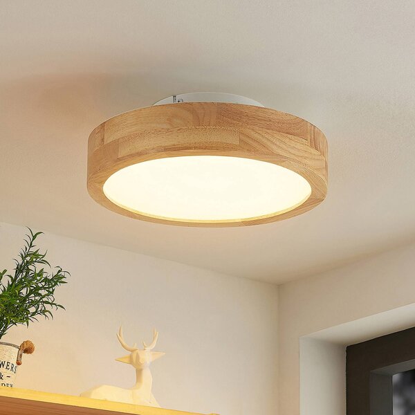 Lindby LED stropní svítidlo Lanira, Ø 30 cm, dřevo, dálkové ovládání,, stmívatelný, Světlé dřevo, Obývací pokoj / jídelna, Dřevo, Moderní