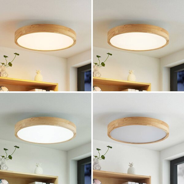 Lindby LED stropní svítidlo Lanira, Ø 50 cm, dřevo, dálkové ovládání,, stmívatelný, Světlé dřevo, Obývací pokoj / jídelna, Dřevo, Moderní