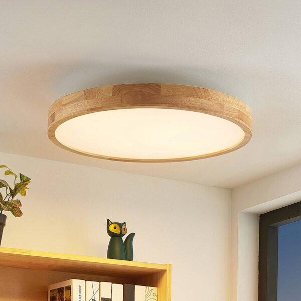 Lindby LED stropní svítidlo Lanira, Ø 60 cm, dřevo, dálkové ovládání,, stmívatelný, Světlé dřevo, Obývací pokoj / jídelna, Dřevo, Moderní