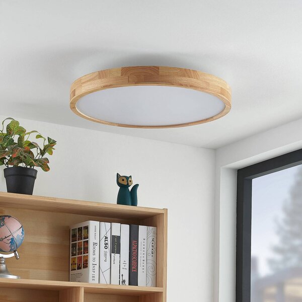 Lindby LED stropní svítidlo Lanira, Ø 60 cm, dřevo, dálkové ovládání,, stmívatelný, Světlé dřevo, Obývací pokoj / jídelna, Dřevo, Moderní