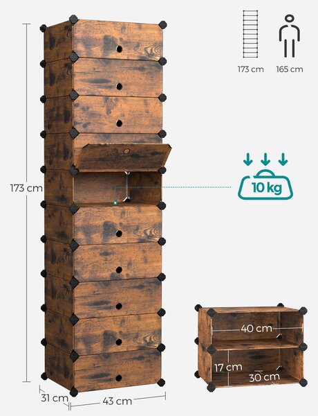 SONGMICS Modulární botník 10 boxů 43 x 173 x 31 cm hnědá