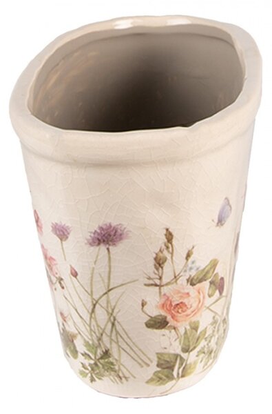 Béžový keramický oválný obal na květináč s kytičkami a motýly Flowers of Love – 23x10x11 cm