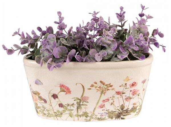 Béžový keramický oválný obal na květináč s kytičkami a motýly Flowers of Love – 23x10x11 cm