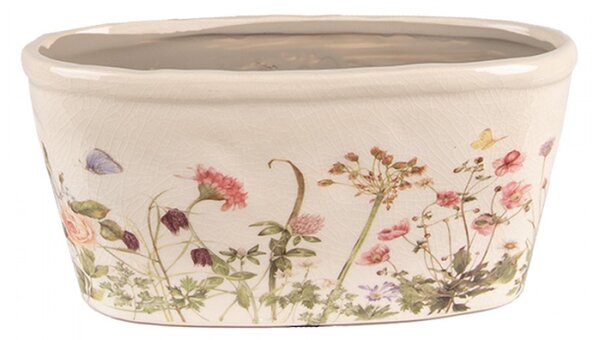 Béžový keramický oválný obal na květináč s kytičkami a motýly Flowers of Love – 23x10x11 cm